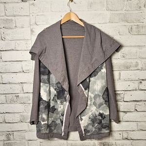 Watercolor Floral Drape Cardigan Jacket Open Front Grey L XL